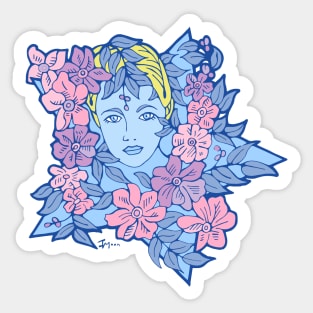 Blue Star Girl and Pink and Purple Flowers Sticker